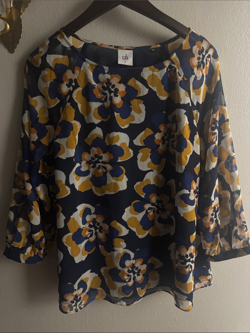CAbi Navy Floral Blouse with Mustard & White Blooms